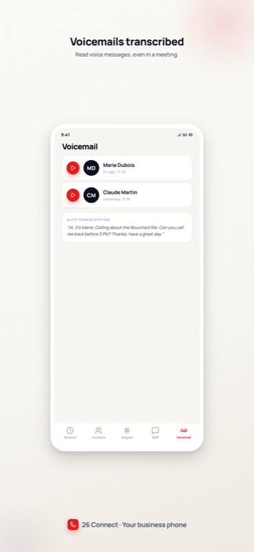 Onglet messagerie vocale : liste des messages et panneau de transcription automatique affichant le message en texte lisible