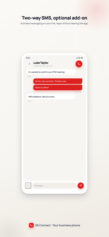 Fil de SMS d'affaires bidirectionnel dans l'app, avec le champ de rédaction