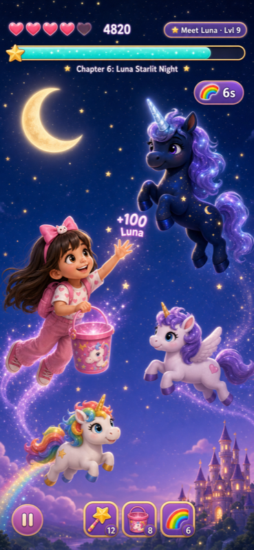 Partie de nuit au chapitre 6 Luna Starlit Night, capture de Luna à +100 et barre de bonus