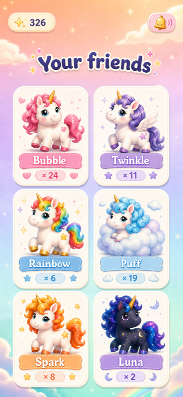 Écran de collection Your friends : une carte par licorne, le nombre de captures et le total de sparkles