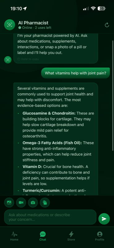 Conversation AI Pharmacy répondant à une question sur les vitamines et les douleurs articulaires