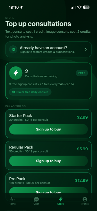 Boutique de recharge affichant les forfaits Starter, Regular et Pro