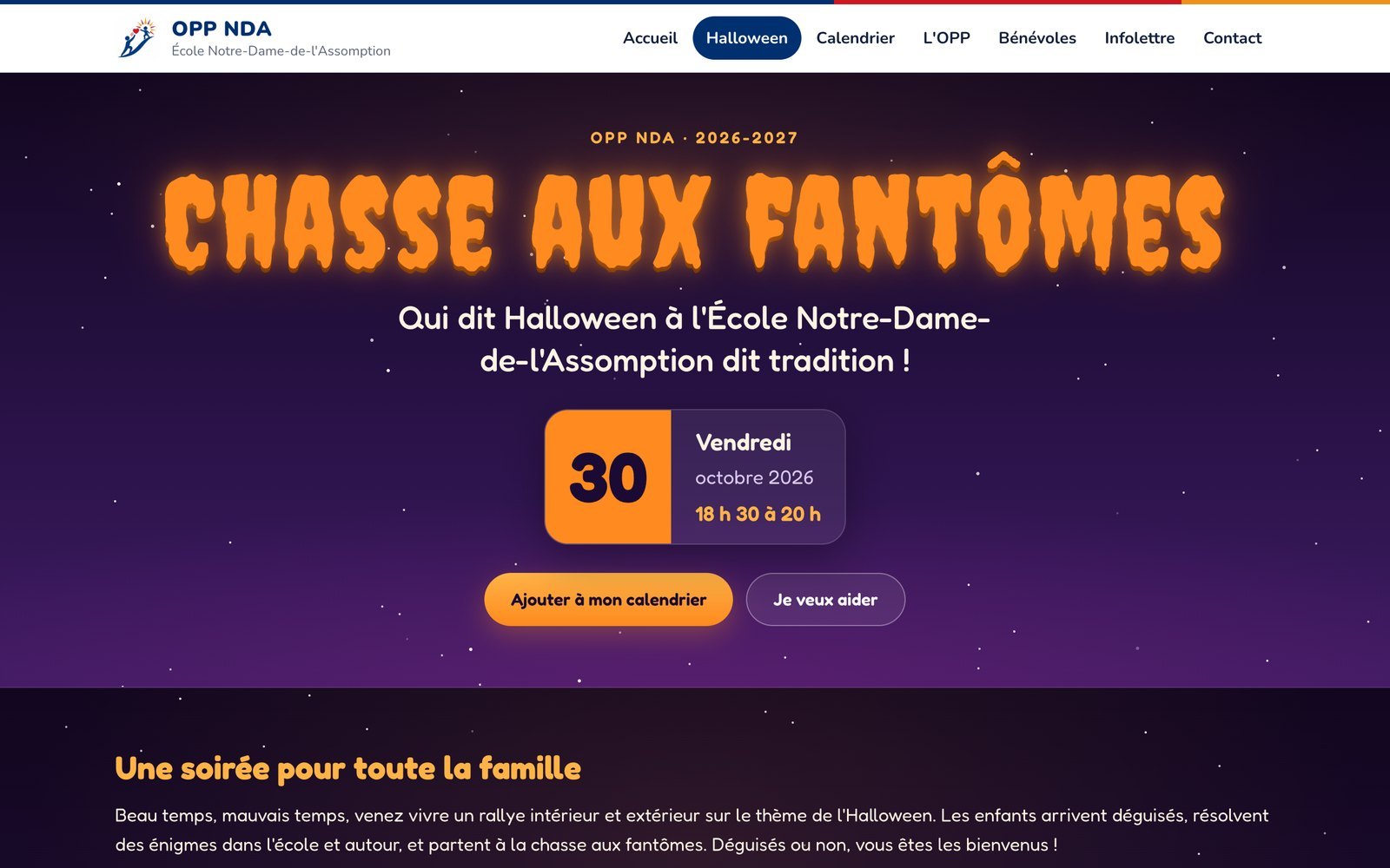 La page de la Chasse aux fantômes d'Halloween sur le site de l'OPP NDA