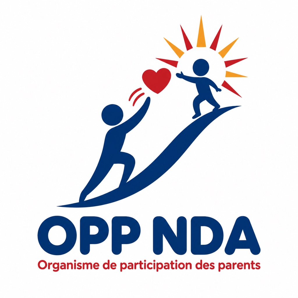 Le logo de l'OPP NDA : un parent qui grimpe tend son cœur à un enfant, sous un soleil rouge et or, au-dessus du nom OPP NDA