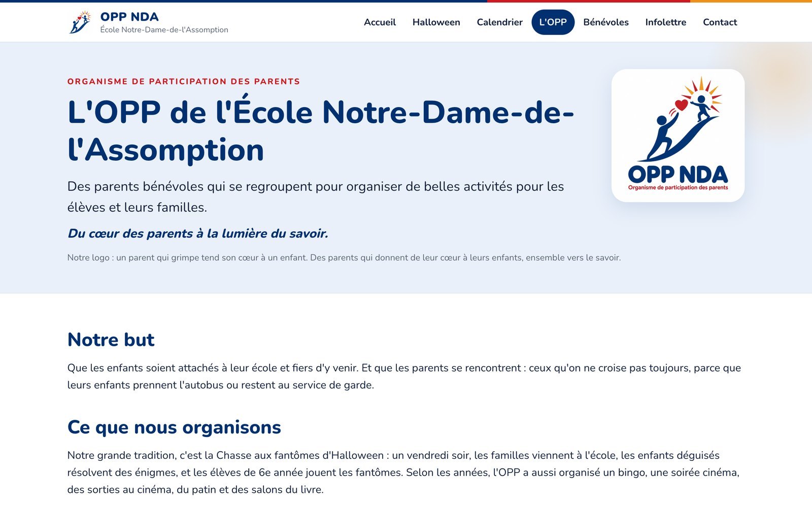 La page de l'OPP sur ordinateur, avec son logo, sa devise et son but