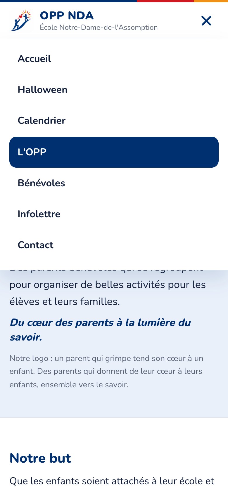 Le menu du site sur téléphone : Accueil, Halloween, Calendrier, L'OPP, Bénévoles, Infolettre, Contact