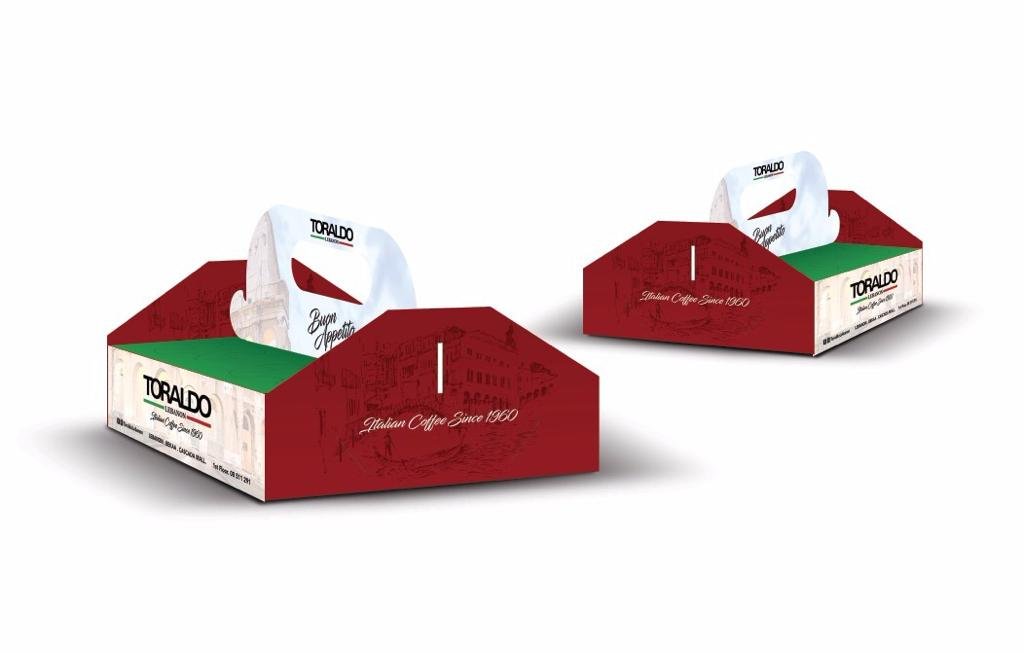 Vue alternative de l'emballage de boîte de café Toraldo