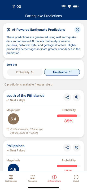 App screenshot of the live earthquake list.