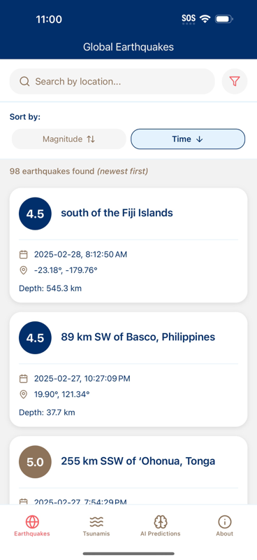 App screenshot showing detailed earthquake information.