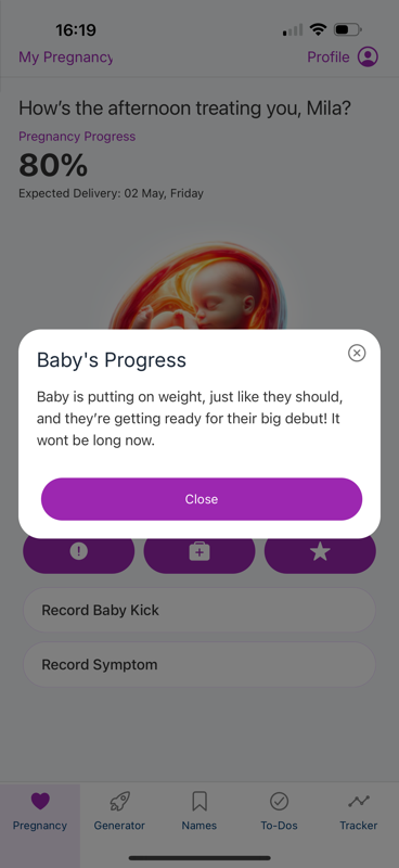 A pop-up showing the baby's progress.