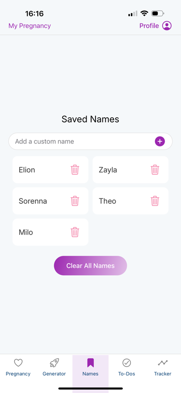 A list of saved baby names.