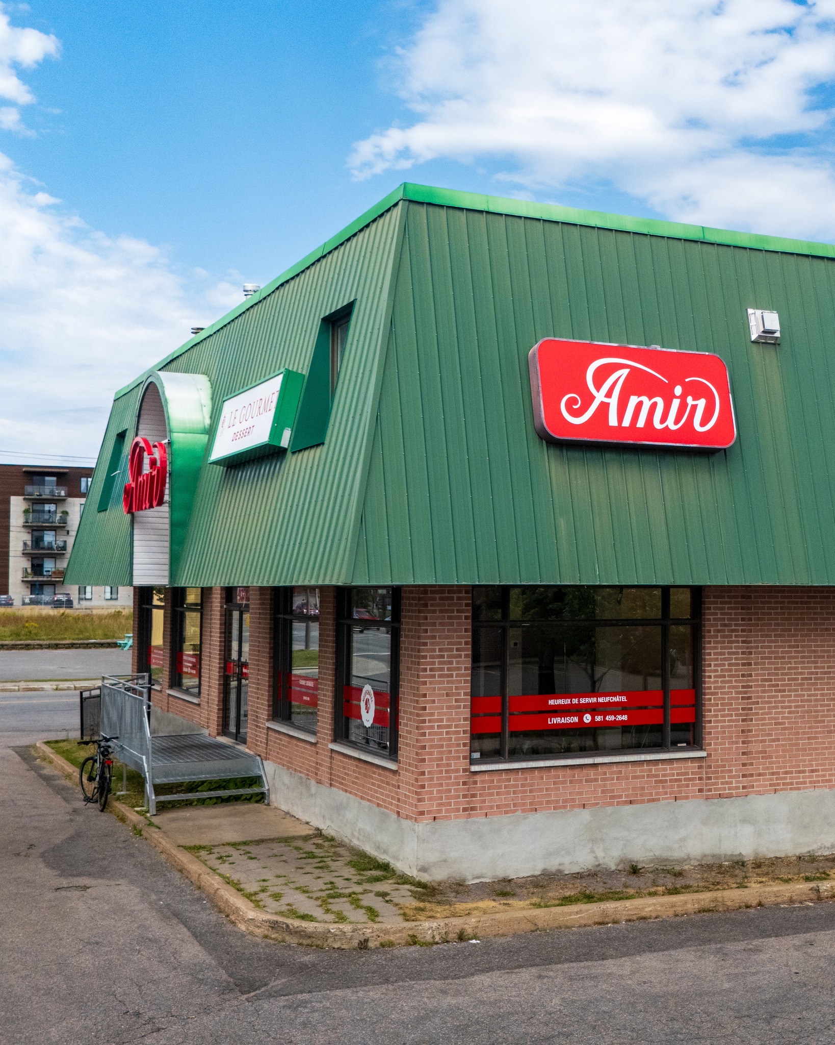 Front view of a commercial restaurant from an elevated angle.