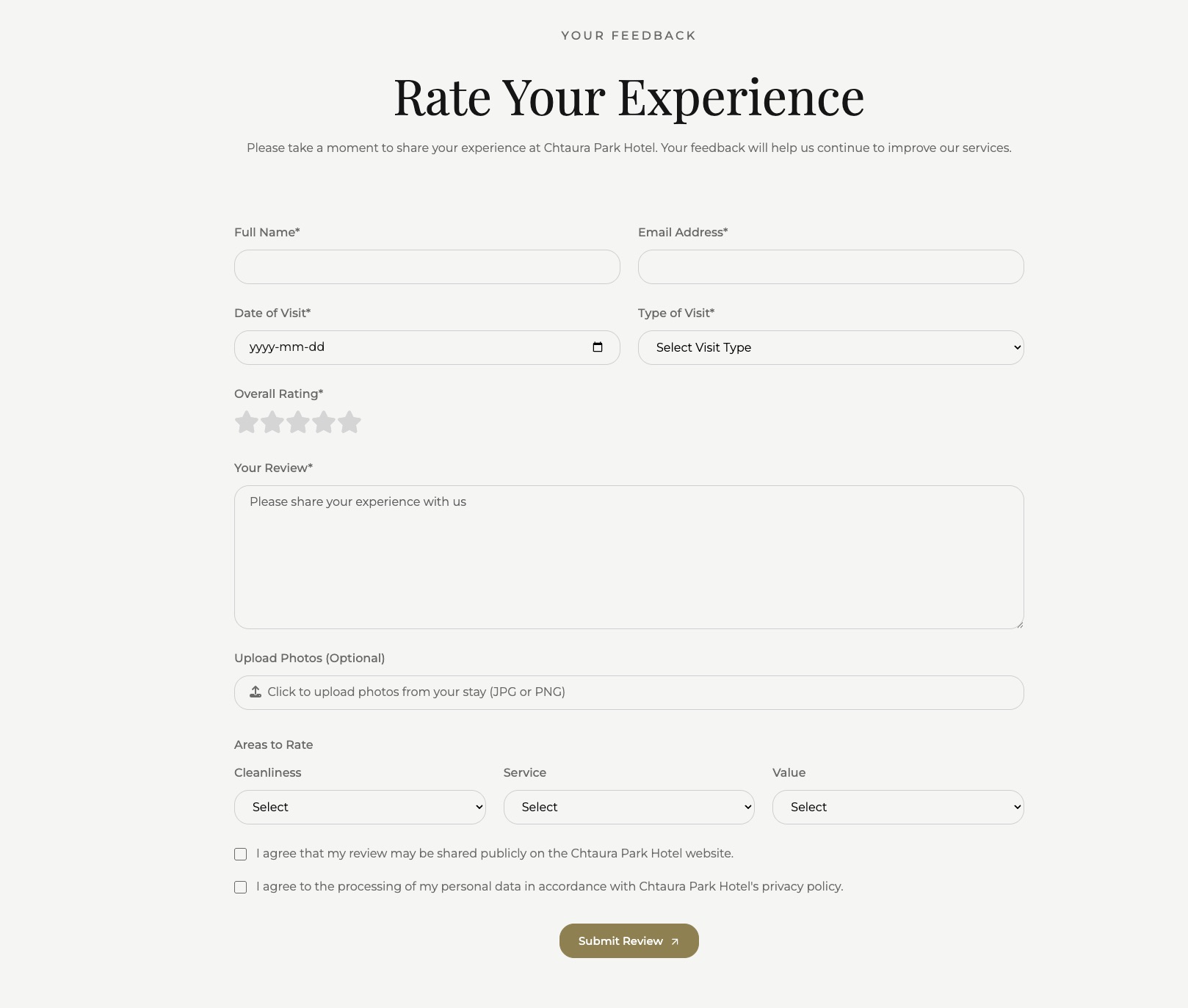 A 'Rate Your Experience' form.